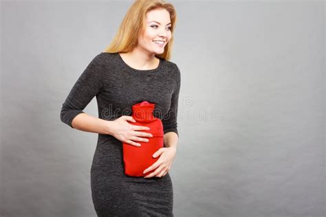 Woman Feeling Stomach Cramps Holding Hot Water Bottle Stock Photo Image Of Sick Painful
