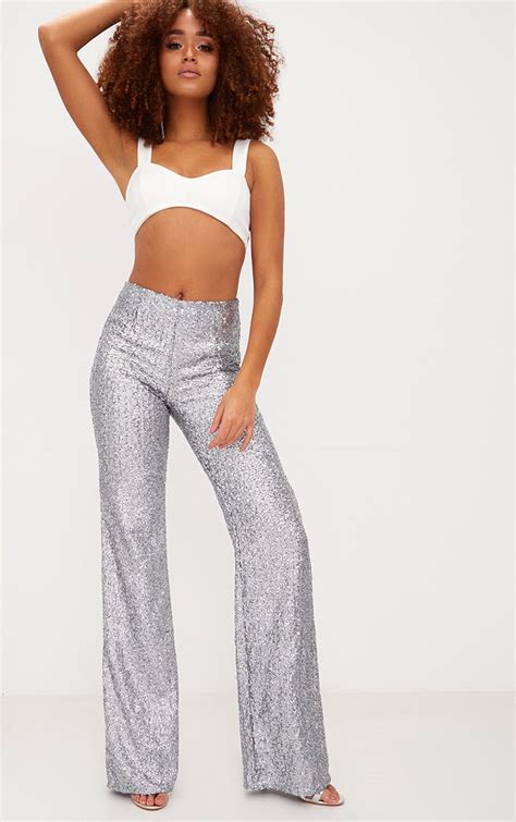 Silver Sequin Wide Leg Pants Prettylittlething Usa