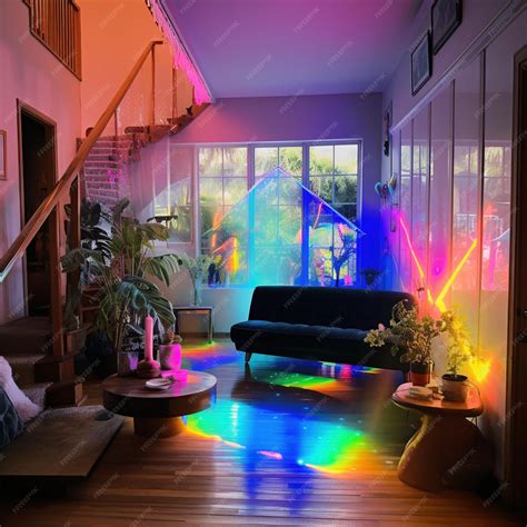 Premium Photo | Rainbow interior living room with blue couch and plants