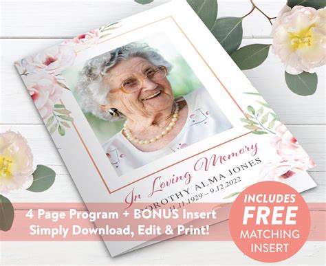 Pink Roses Funeral Program Template Funeral Service Sheet Printable Editable Celebration Of Life