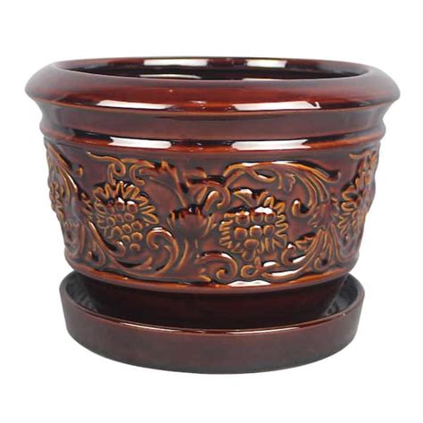 Trendspot 10 In Dia Brown Rustic Damask Ceramic Planter Lj0108 10