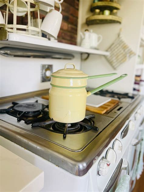 Vintage Green Trim Enamelware Double Boiler Cream With Green Etsy