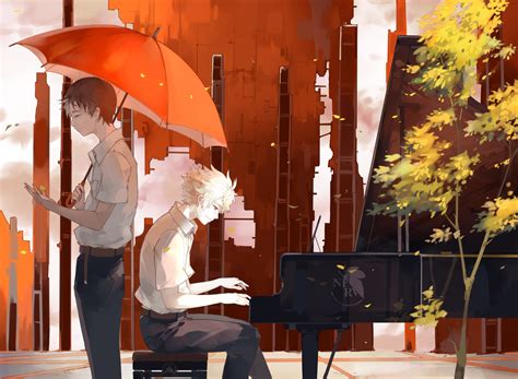 Ikari Shinji Anime Anime Boys Piano Umbrella Musical Instrument