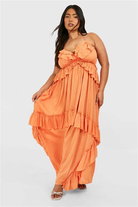 Plus Cheesecloth Ruffle Frill Detail Strappy Maxi Dress Boohoo Uk