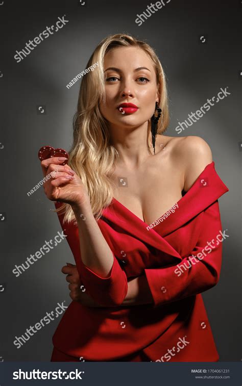 Blonde Female Bare Shoulder Red Dress Stock Photo Shutterstock