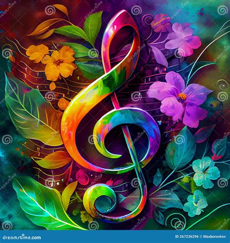 Close Up Surreal Colorful Treble Clef With Flowers Ai Generative Stock