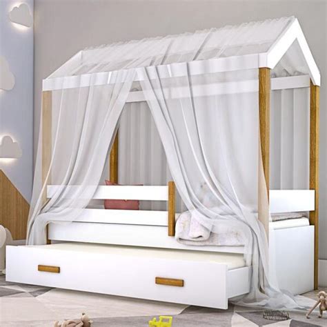 Cama Montessori Cabana Auxiliar Solteiro E Dossel Branco Leroy Merlin