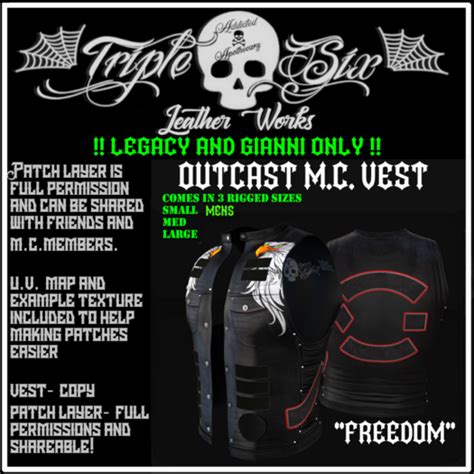 Second Life Marketplace - Outcast M.C. vest (FREEDOM) Triple Six ADD ME