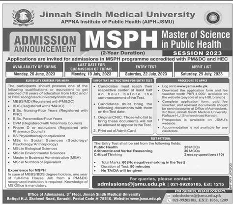 Jinnah Sindh Medical University JSMU MSPH Admissions 2023 2024