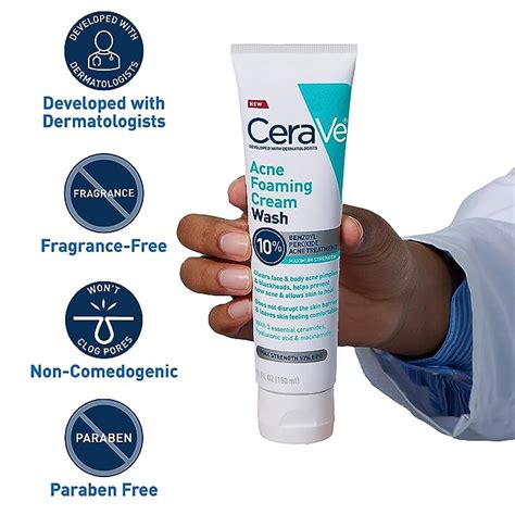 Cerave Acne Foaming Cream Wash Cleanser 10 Benzoyl Peroxide Dr Derm