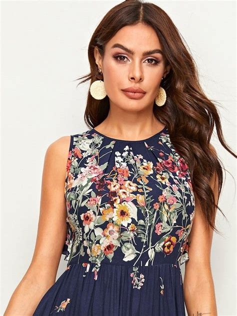 Shein Floral Print Tie Back Ruffle Trim Maxi Dress Floral Print Dress