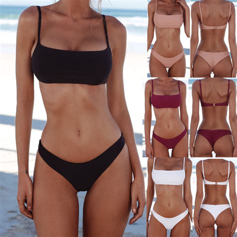 Summer Women Solid Bikini Set Push Up Unpadded Bra Swimsuit Swimwear