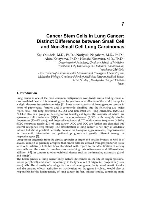 Pdf Cancer Stem Cells In Lung Cancer Distinct Differences Between Small Cell And Non Small