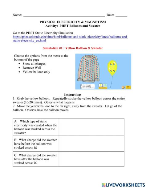 PHET Static Electricity Balloons Worksheet Live Worksheets