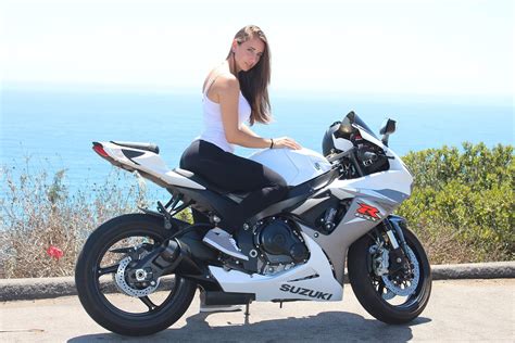 Sport Bike Girl On White Motorcycle Suzuki GSX R 600 Suzuki Gsx