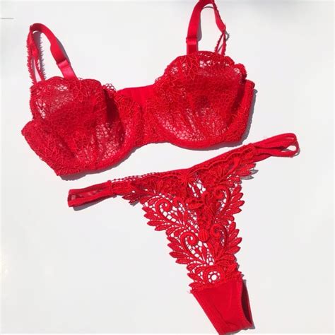 Felina Intimates Sleepwear Felina Lingerie Demi Pushup Sheer Red Lace Bra Panty Set Size