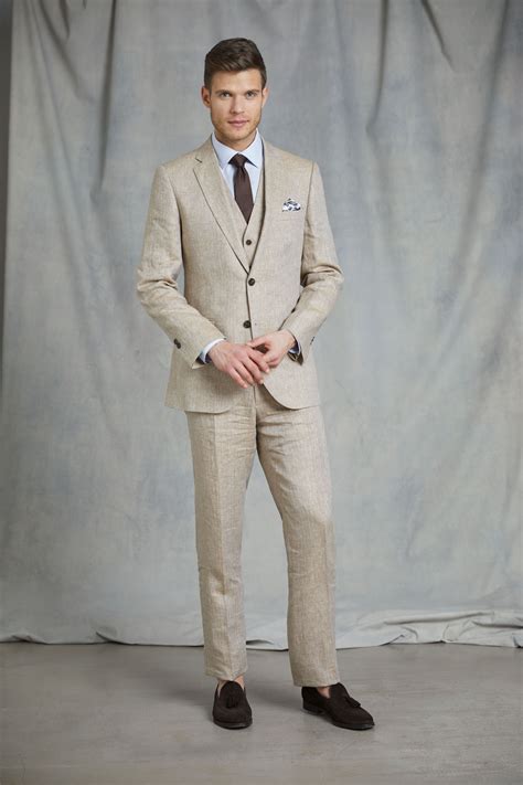 Mens Beige Herringbone Linen Tailored Fit Italian Suit 1913