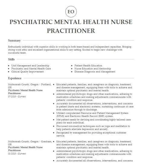 Psychiatric Mental Health Nurse Practitioner Resume Example