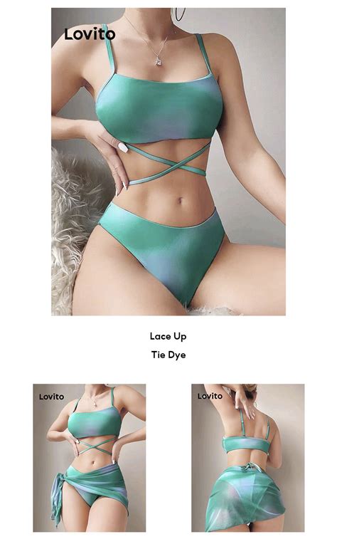 Lovito Sexy Tie Dye Lace Up Bikini Sets For Women LNL Orange Hot Pink Blue Lovito Set