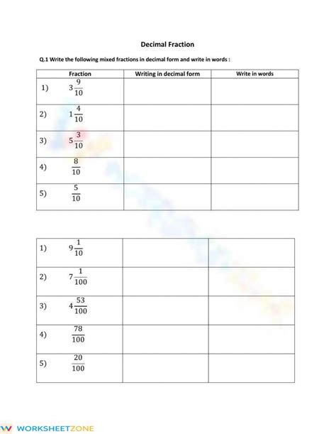 Decimal Fraction Worksheet