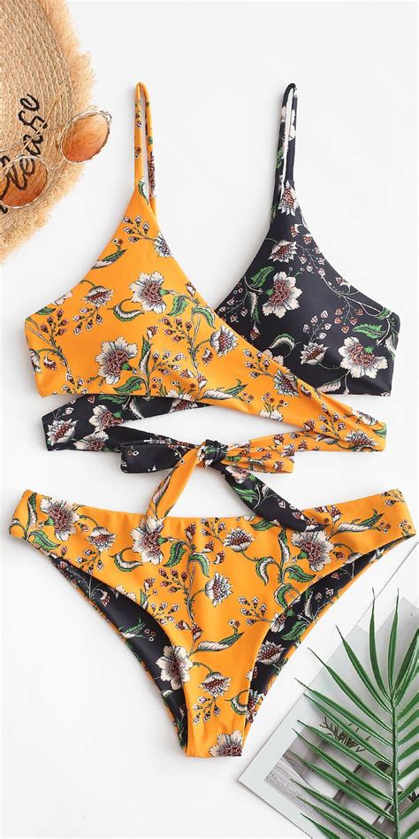 ZAFUL Bohemian Plant Print Reversible Wrap Bikini Swimsuit Bikinis