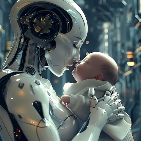 Photo Of Robot Woman Holding Baby In Her Arms Futuristic Setting