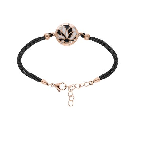 Bracelet En Acier Et PVD Rose Avec Cordon Noir Pastille Ronde Motif