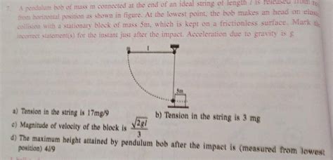 A Pendulum Bob Of Mass M Connected At The End Of An Ideal String Of Len