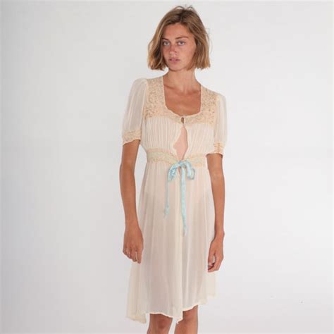 S Lingerie Robe Sheer Cream Lace Nightgown Puff Sle Gem