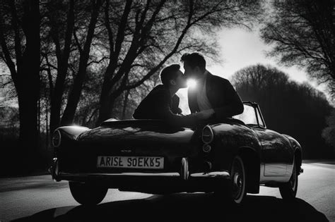 Premium AI Image A Gay Couple Passionately Kissing In The Backseat Of A Car Black And White