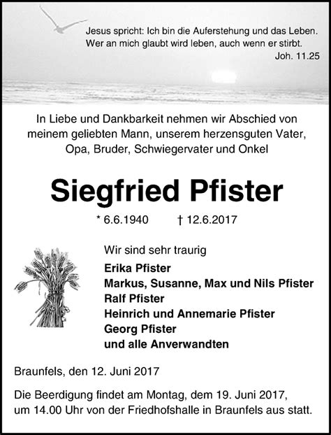 Traueranzeigen Von Siegfried Pfister Vrm Trauer De