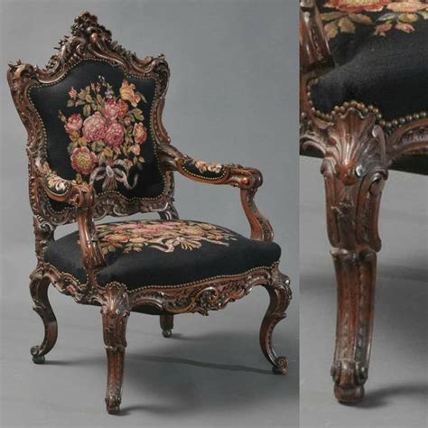 An Ornately Decorated Chair With Floral Designs On It S Armrests And Back