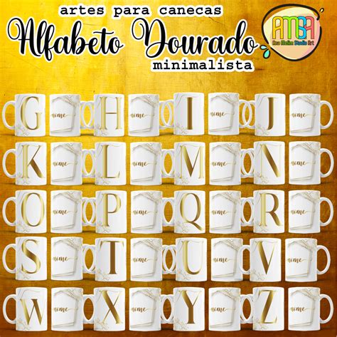 Estampas Alfabeto Dourado Minimalista Canecas Ana Melim Studio Art