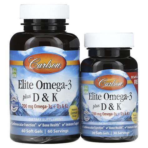Carlson, Elite Omega-3 Plus D & K, Natural Lemon Flavor, 60 + 30 Free ...
