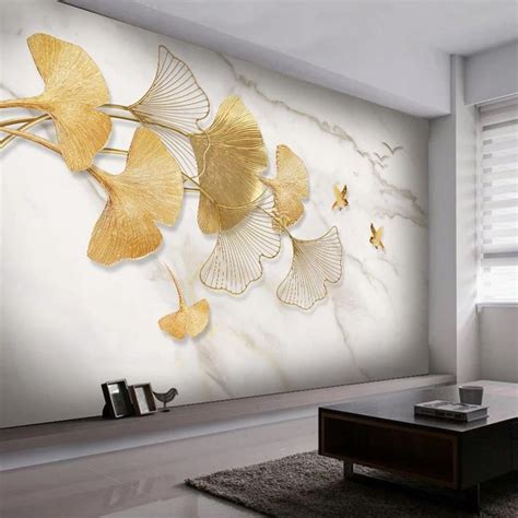 Golden Ginkgo Leaf Flying Bird Marble Wallpaper Mural Custom Sizes