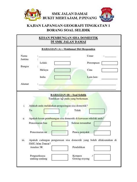 Borang Soal Selidik Kajian Lapangan Geografi Tingkatan 1 1 1 Pdf