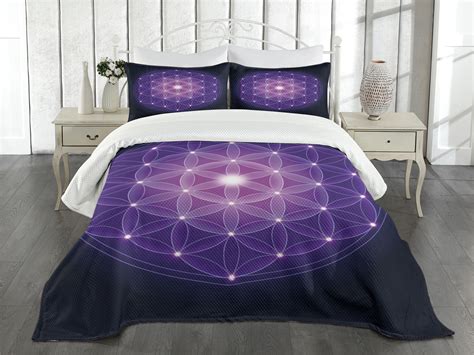 Dark Blue Bedspread Set Flower Of Life With Stars Spiritual Symbol