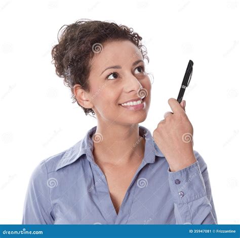 Idea Woman Thinking With Pen In Hand Isolated On White Background