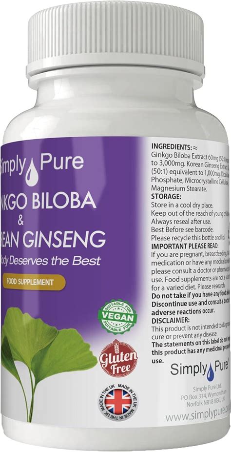 Simply Pure Vegan Ginkgo Biloba And Korean Ginseng 90 Tablets Natural Gluten Free Gm Free