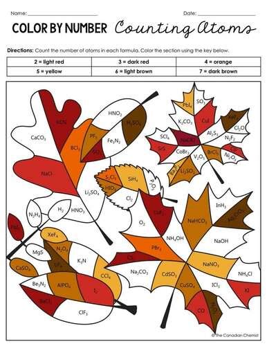 Counting Atoms Color By Number Fall Leaves Science Activity - Chemistry