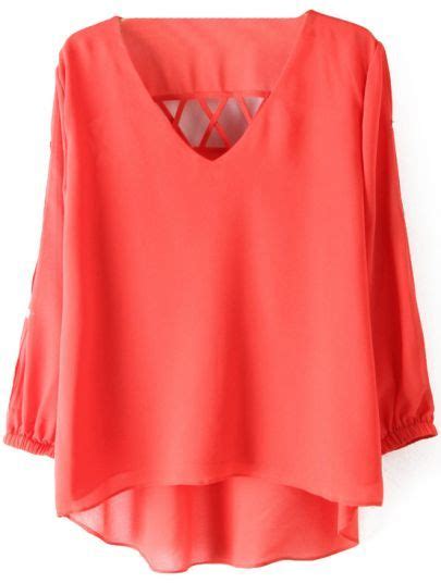 Red Long Sleeve Back Hollow Chiffon Blouse Mobile Site