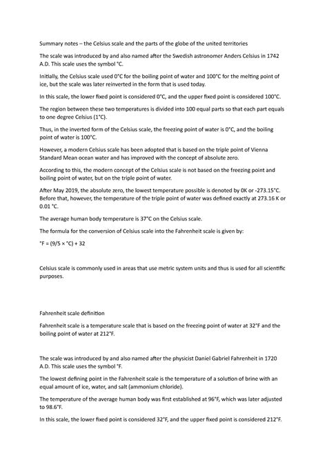 Summary notes – the Celsius scale and the parts of the globe of the ...