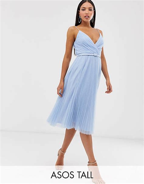 Asos Design Tall Belted Pleated Tulle Cami Midi Dress Asos