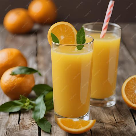 Premium Photo Two Glasses Of Orange Juice Sit On A Wooden Table With