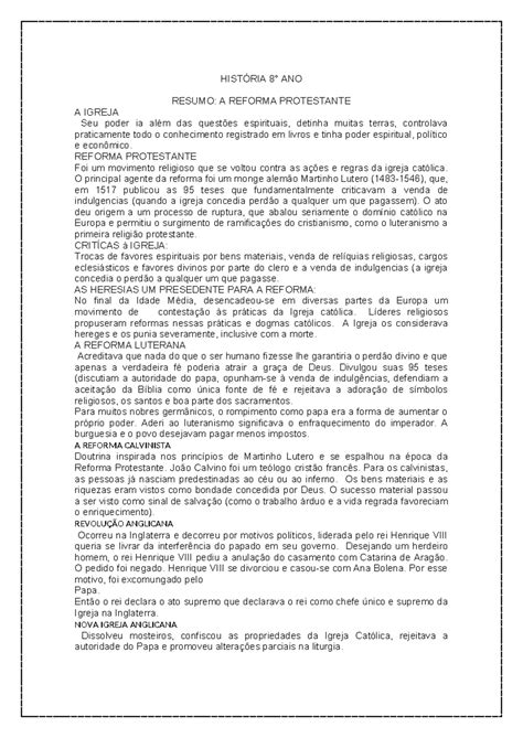 HISTÓRIA 8: RESUMO DA REFORMA PROTESTANTE E SUAS IMPLICAÇÕES - Studocu