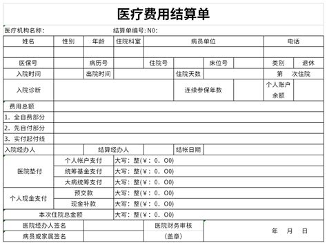 医疗费用结算单excel格式下载 下载之家