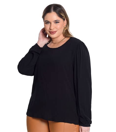 Blusa Manga Longa Viscose Slub Prime Secret Glam Preto Preto