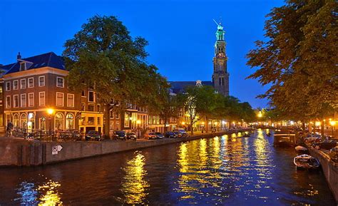 HD wallpaper: amsterdam, canal, cities, houses, lights, netherlands, street | Wallpaper Flare