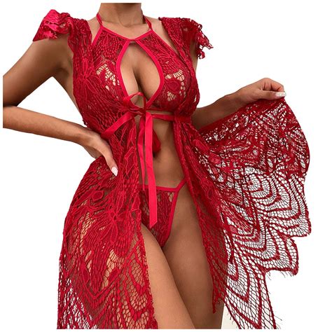 YUHAOTIN Red Lingerie Set For Women Plus Size Halter Plunging Teddy