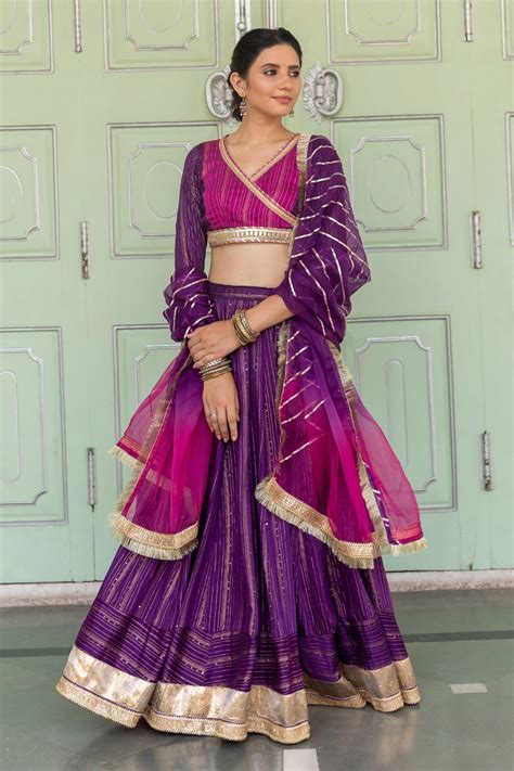 Buy Purple Chanderi Blend Embroidered Gota And Sequin Work Lehenga Set